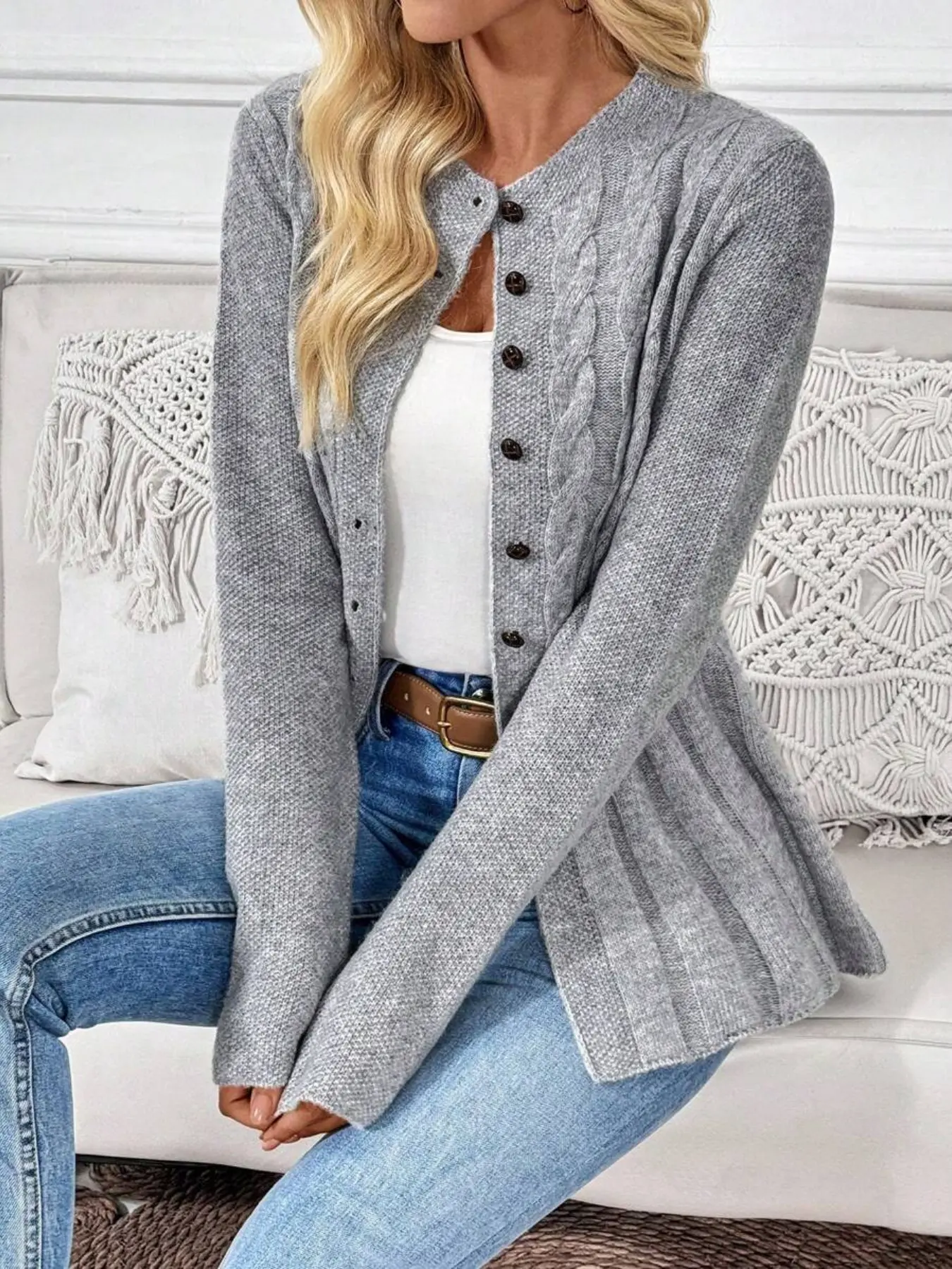 New Fall Winter Women's Solid Color Casual Long Sleeve Knit Cardigan Top, Flare Hem, Loose Fit Button Front, Round Neck, Elegant Fashion Knitwear