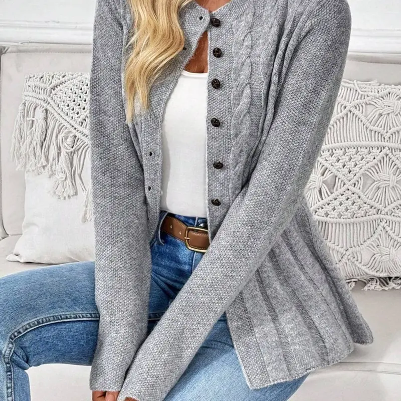 New Fall Winter Women's Solid Color Casual Long Sleeve Knit Cardigan Top, Flare Hem, Loose Fit Button Front, Round Neck, Elegant Fashion Knitwear