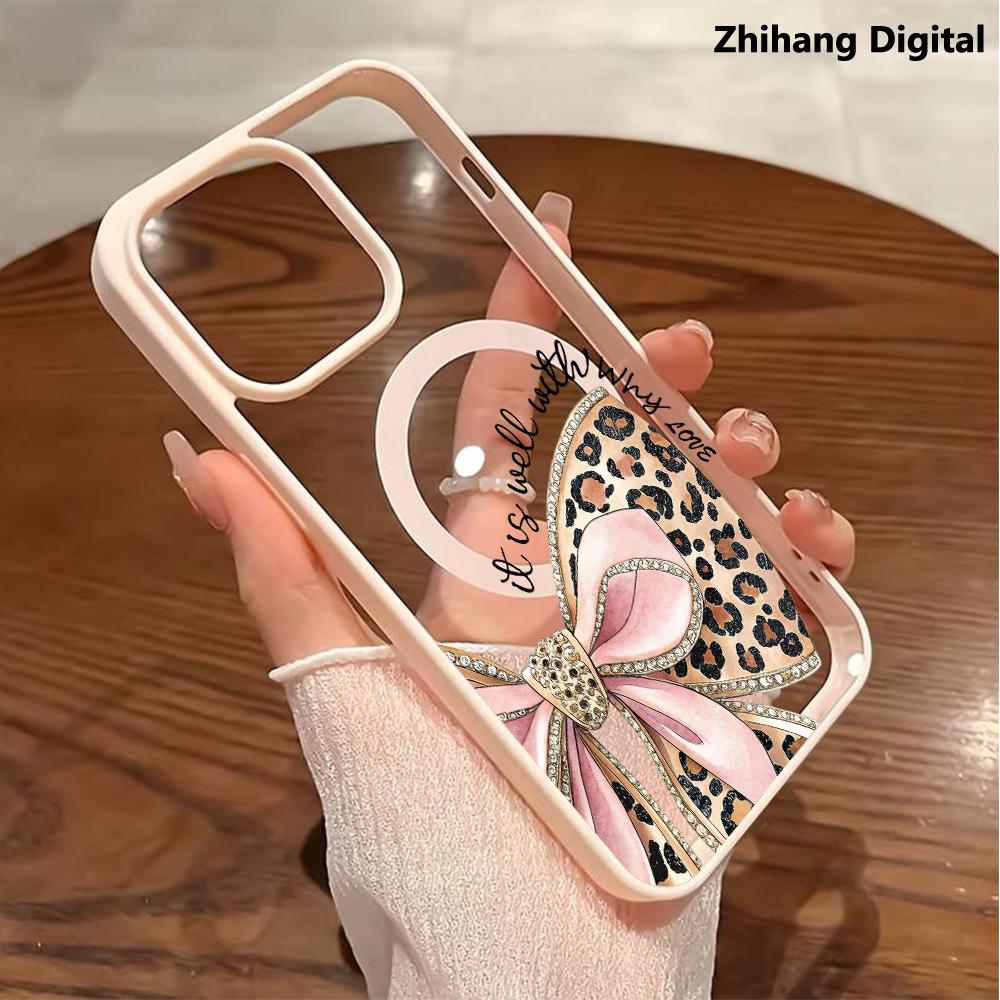 Leopard Print Bow Pattern Phone Case for iPhone 17 Pro Max Air 16 Plus 15 14Pro 13 12 11 Smartphone Magnetic Wireless Charging Compatible Protective MagSafe Support Shockproof Cover