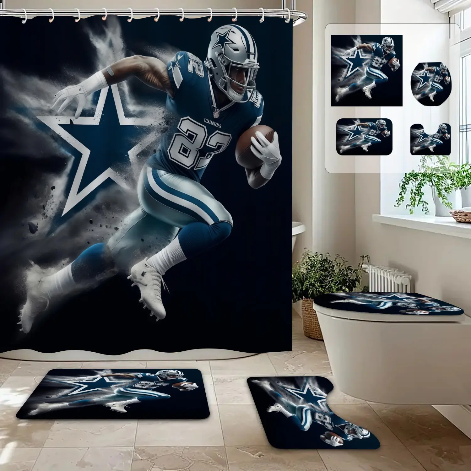 Rugby Player Star Pattern Bath Curtain Set, Sporty Style 100% Polyester Waterproof Shower Curtain, Bathroom Decorative Item
