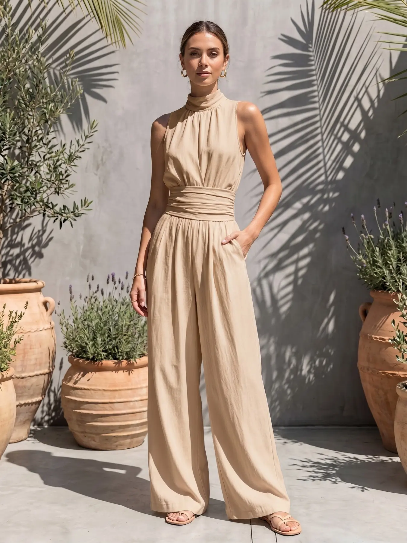 Women's Half High Neck Sleeveless Solid Color Flowy Wide Leg Romper, Spring Summer Fashion Style Casual Waist Belt Ruched Pocket High Waist Comfortable Romper Outfit
