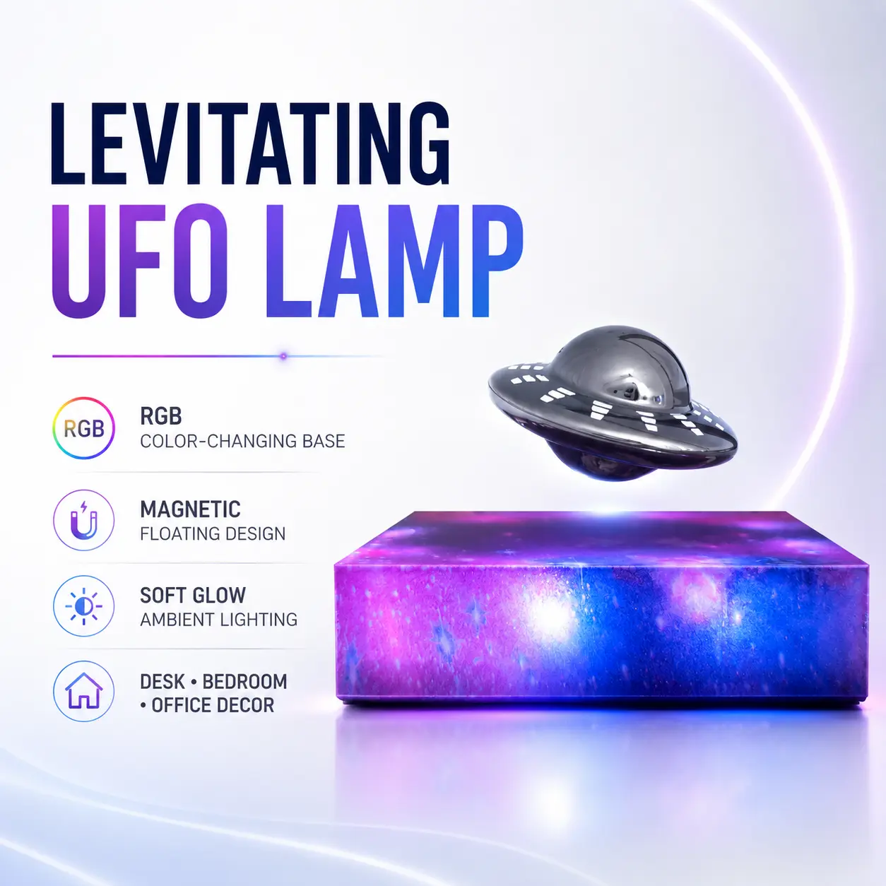 Magnetic Levitating UFO Lamp with RGB Color-Changing Base, Floating Space-Themed Night Light for Desk, Bedroom, Office & Home Decor, Futuristic Novelty Toy and Unique Tech Gift for Kids & Adults