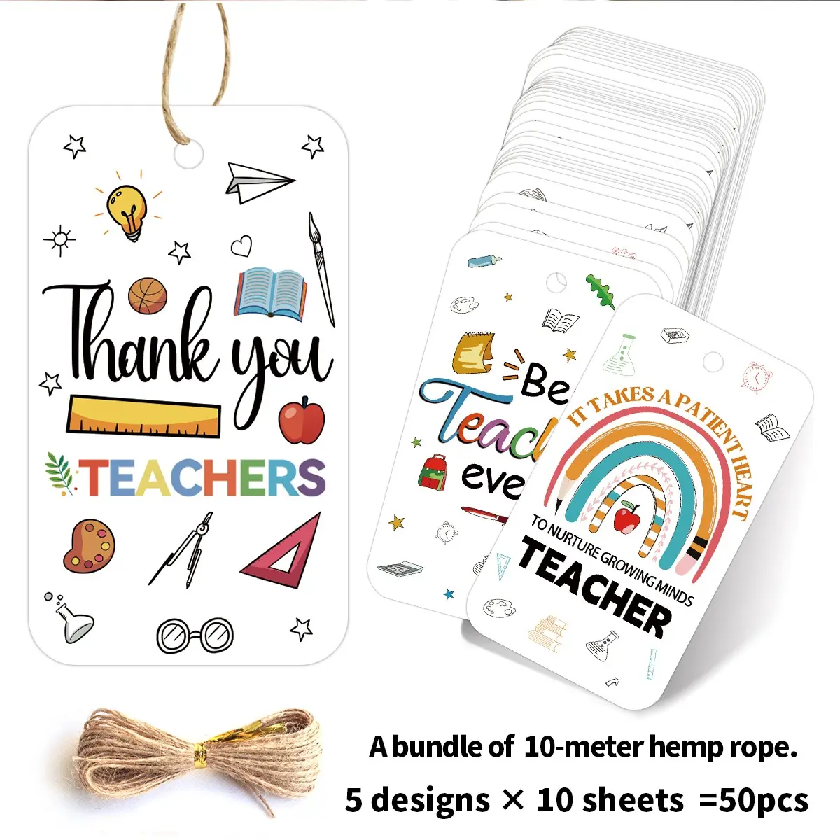 50 Teacher Thank You Bookmarks with Hemp Rope, 5 DIY Blank Gift Tags, Perfect for School, Graduation, Teacher Appreciation Week