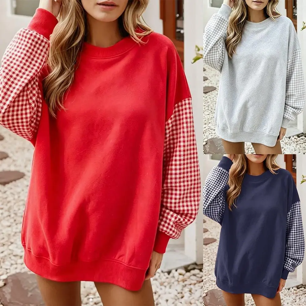 Women’s Oversized Plaid Sleeve Sweatshirt, Colorblock Crew Neck Drop Shoulder Pullover, Casual Longline Fall and Winter Top, Polyester, Everyday