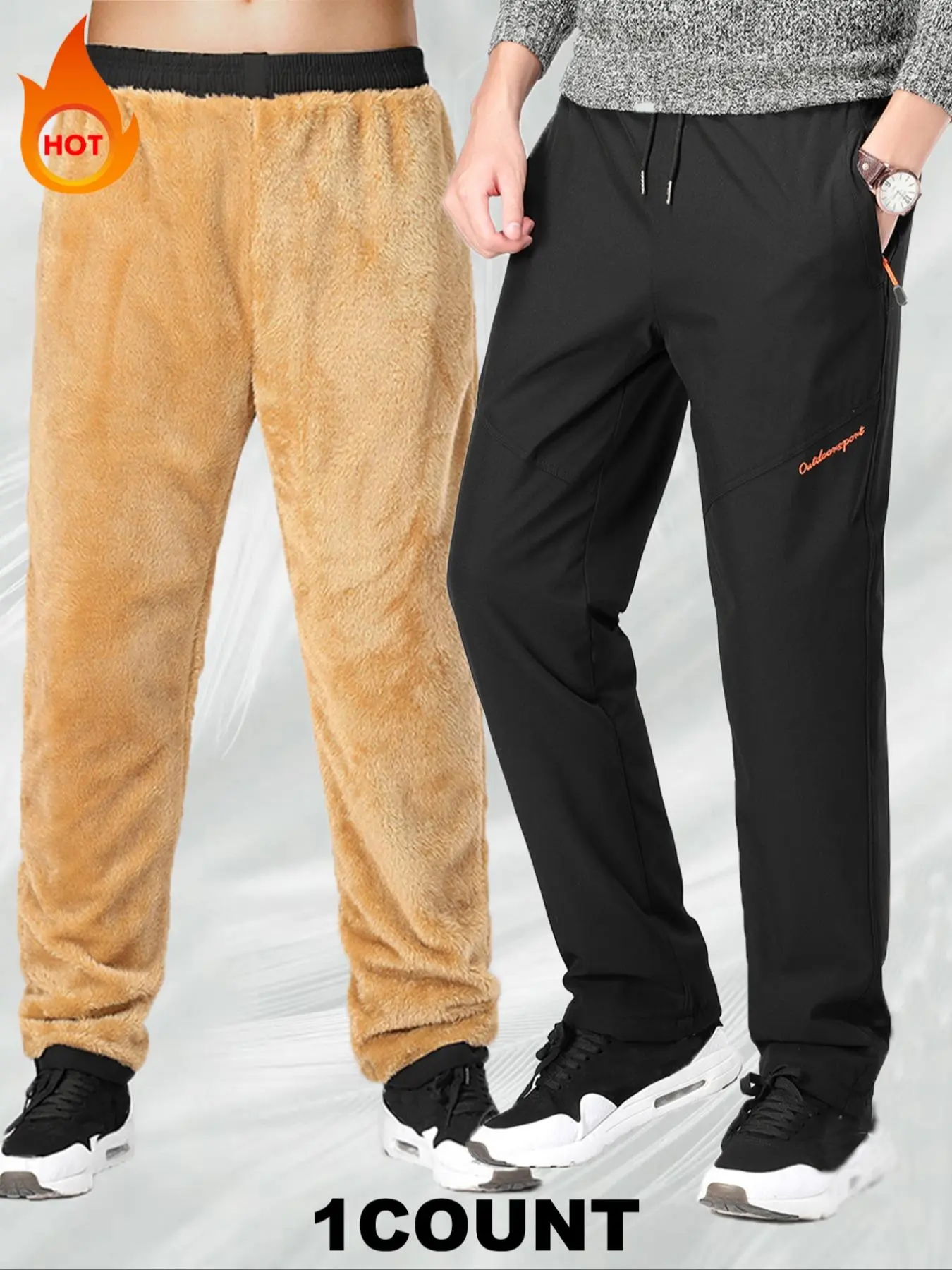 Men's Outdoor Warm Thick Fleece-lined Casual Fitted Pants, Casual Athleisure Pants, windproof, waterproof, breathable Plain Color Pants, Hiking Pants for Fall & Winter, Casual Athletic Trouser Clothes