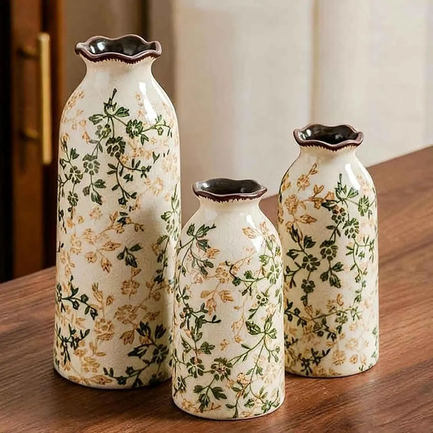 Ceramic Vase Set of 3, Vintage Green and Beige Vases Set for Home Decor, Chinoiserie Floral Decorative Vase for Living Room, Bookshelf, Office (5.9"+7.9"+9.8")