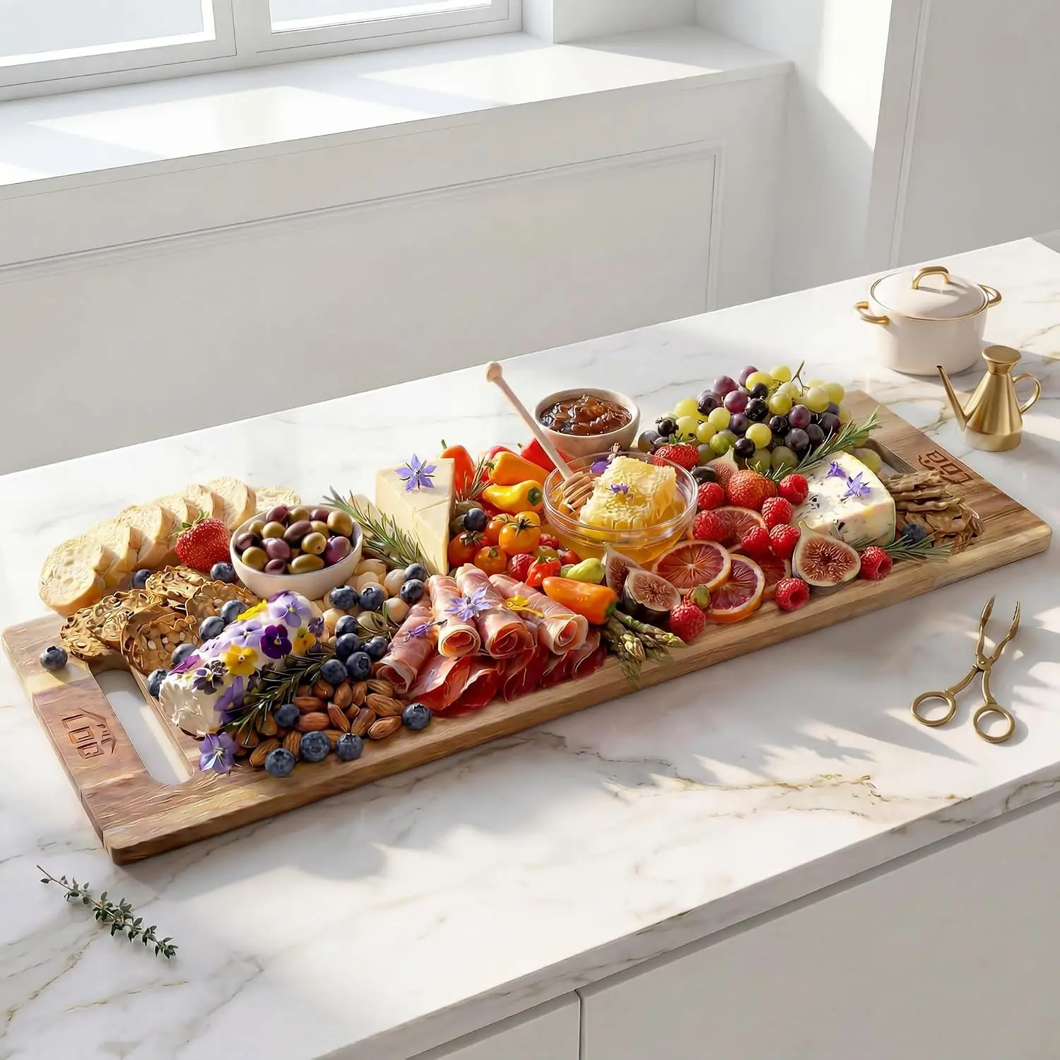 LDQ 36 Inch Extra Large Charcuterie Board, Acacia Wood Long Serving Board with Handles and 2 Stands, Rectangular Cheese Platter, Cutting Board and Serving Tray for Meat, Party Appetizers