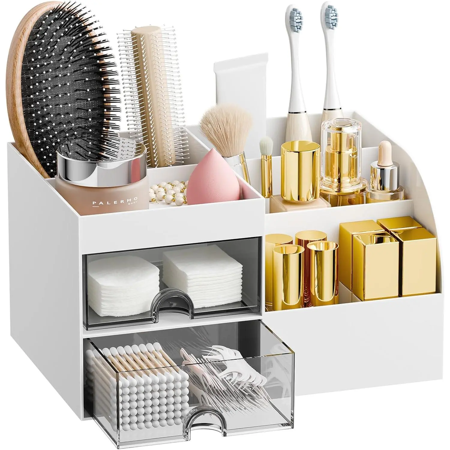 Makeup Organizer with 2 Drawers, Makeup Organizers Countertop for  and Bathroom, Make up organization and Skincare Storage with Brush Holder, for Dresser, Desktop,  Display Case (White)