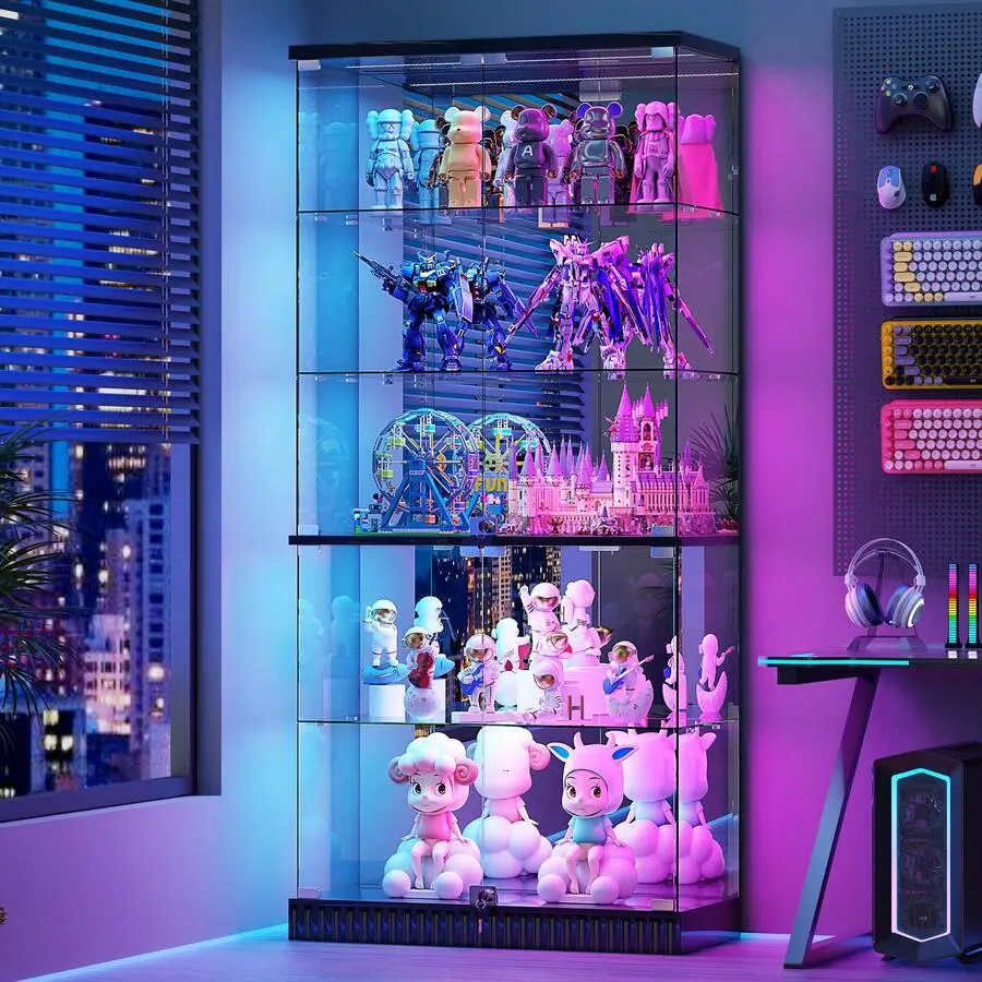 Glass Display Cabinet With Lights, Modern Curio Cabinet Display Cases Collectibles, Locking Showcase Cabinet With 5-Tier Shelves, Tall Bookcase W/ Human Body Sensor Living Room (White)