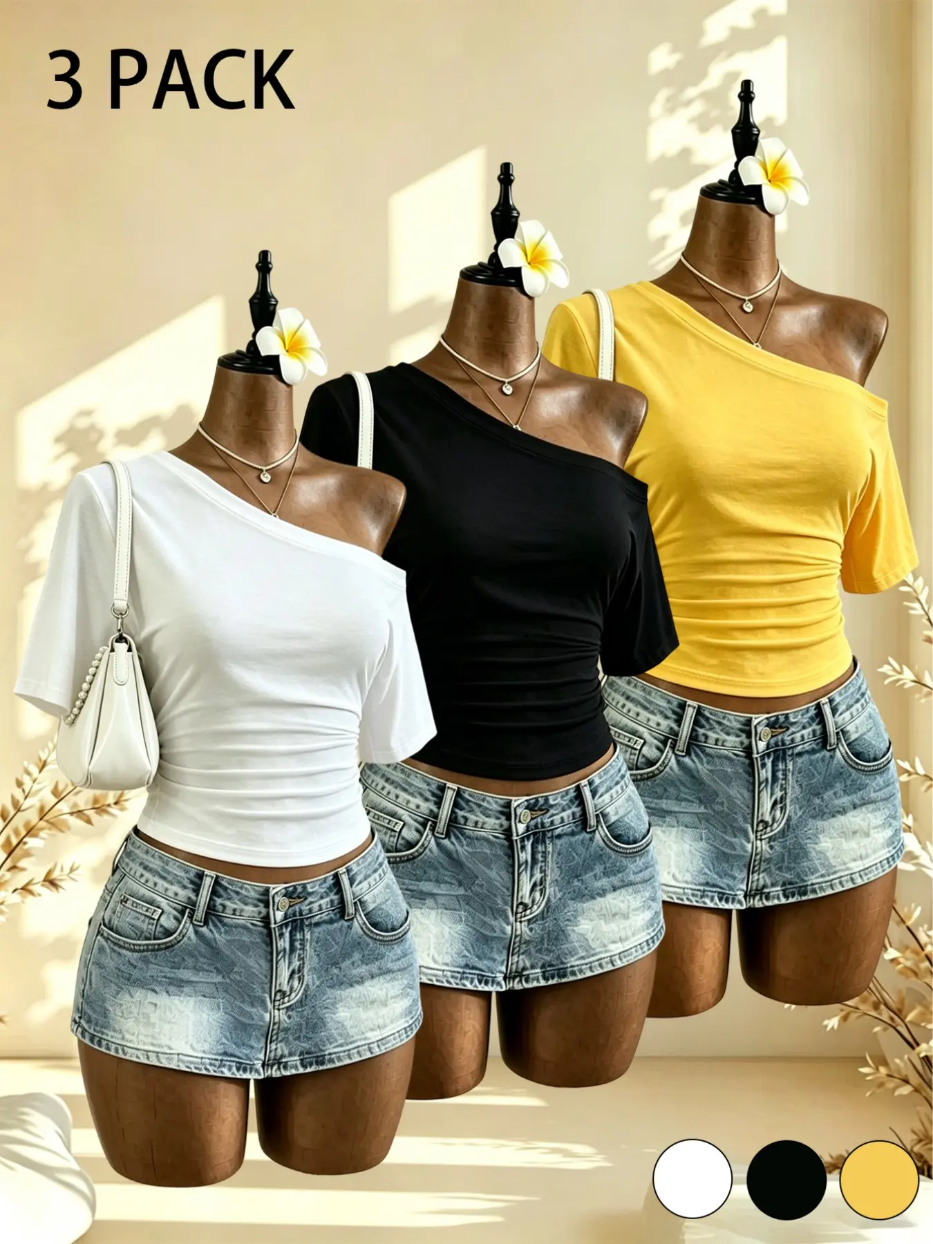 Three-Pack Women's Plain Asymmetrical Neckline Short Sleeve T-Shirts, Basic Casual Fashion Summer Tops for Daily Wear & Outdoor Activities, Youthful Tops, Multiple Colors Available