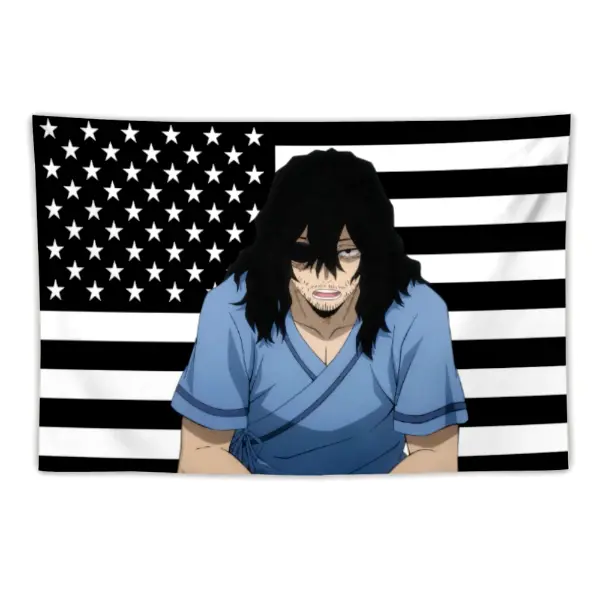 Shota Aizawa Hospital Flag Tapestry – My Hero Academia Anime B&W American Flag Banner for College Dorm & Bedroom Decor, Anime Fan Gift (3x5 ft)
