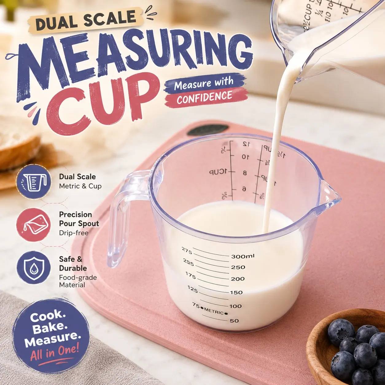 A set of food-grade PS plastic measuring cups, one of each size, for precise measurement. Features transparent, dual-scale cups with milliliter/ounce markings. Suitable for coffee shops and home baking, an essential item for an accurate kitchen.