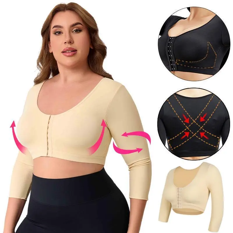 Women's Compression Arm Shaper for Post-Breast Surgery, Short Sleeve Body Contouring Top with Front Closure and Push-Up Bra, L, Check