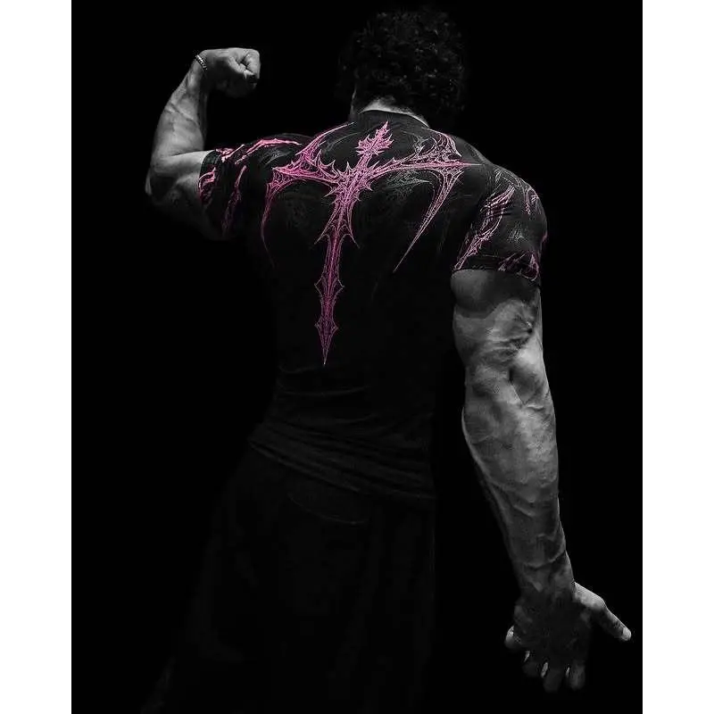 Men's New Summer Short-Sleeve Gothic Print Gym Muscle Tee - High Stretch, Quick-Drying, Ideal for Bodybuilding Training (S, 3XL, XXL)