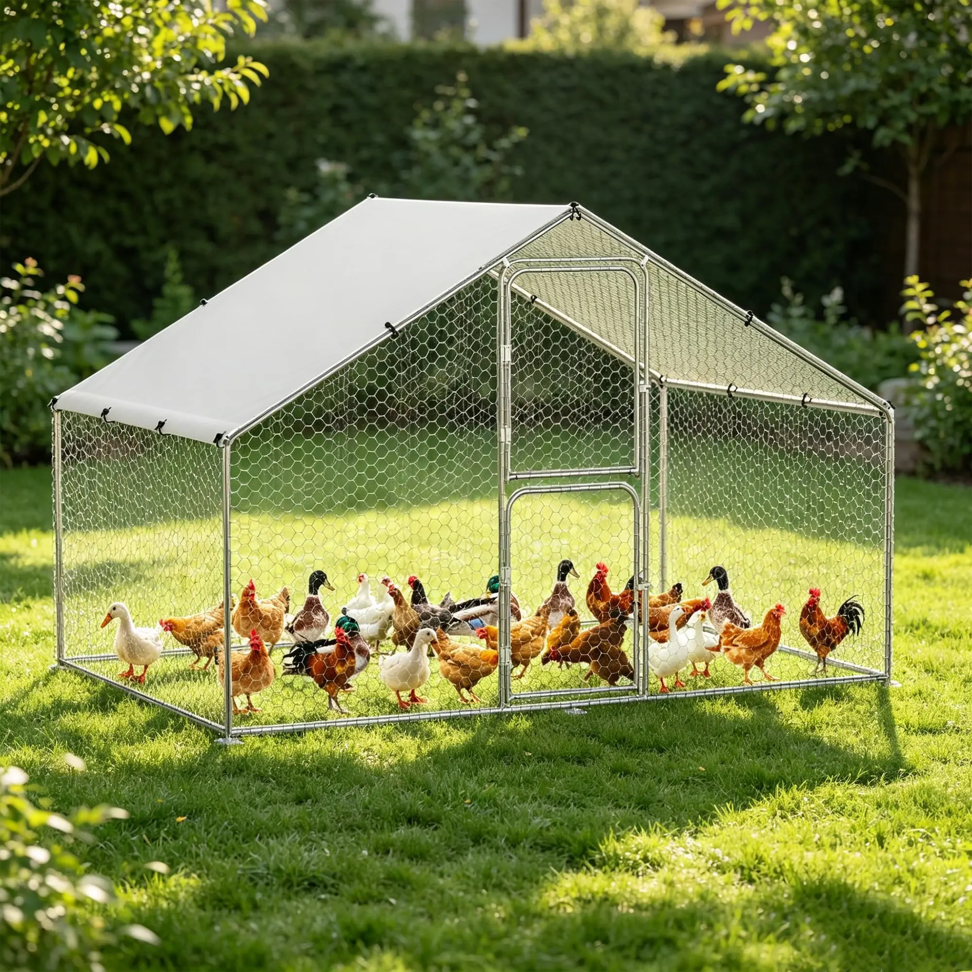 GARVEE Large Metal Chicken Coop, 6.5 x 9.8 x 6.5 FT Chicken Run for Yard with Cover, Walk in Poultry Cage with Double Door, Chicken Pens for Outdoor Farm Yard