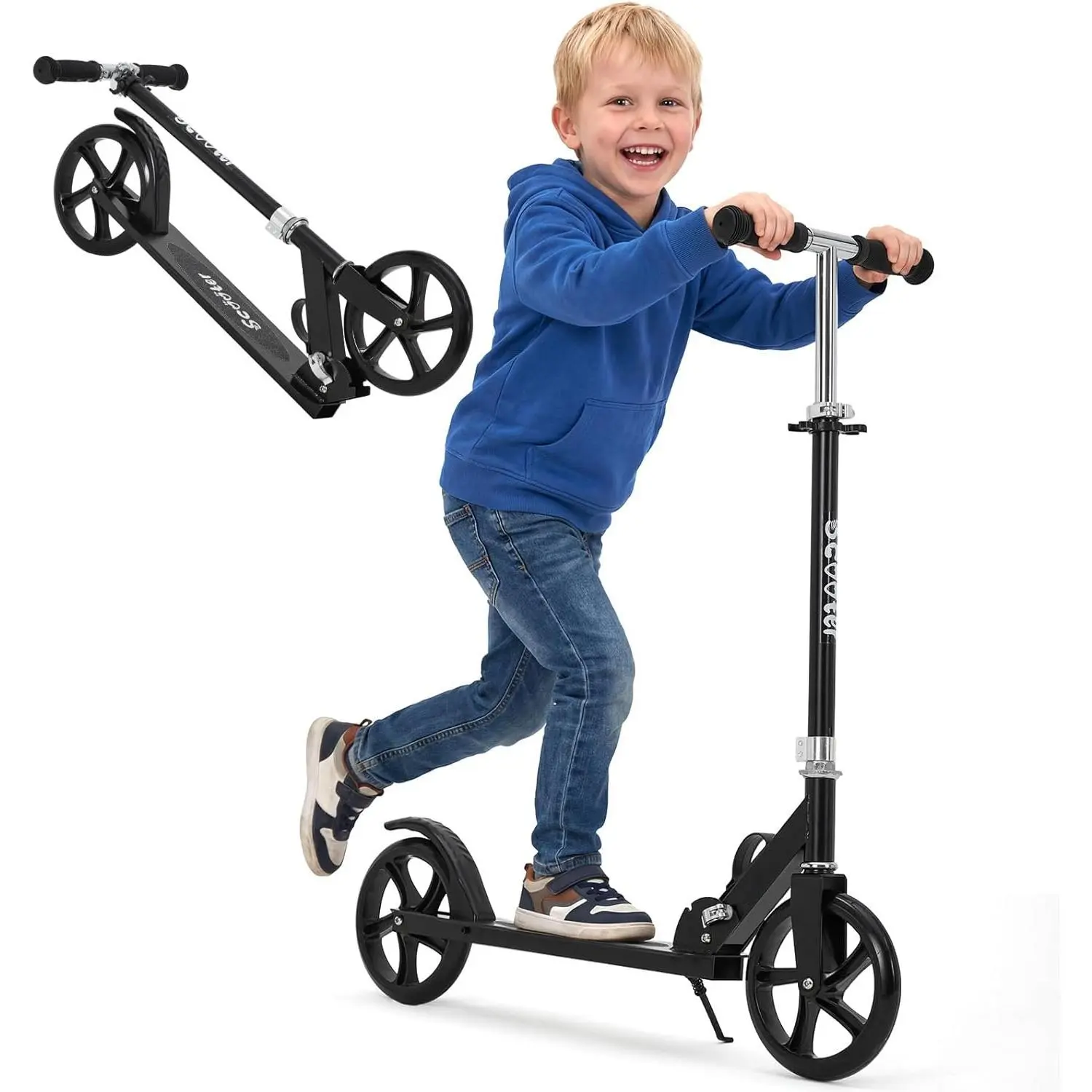 Folding Kick Scooter for Kids and Adults, Heavy-Duty Aluminum Alloy Commuter with 8" PU Wheels, 3-Level Adjustable Handlebar, Non-Slip Deck, Holds 220 lbs, Folding Kick Scooters, Portable Folding Scooter