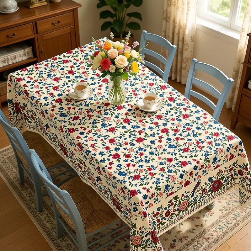 Tiny Floral Tablecloth, Cream with Red Blue Green and Multicolor Flowers, Round, Rectangular and Oval Shapes for Dining Rooms, Parties and Outdoor Gatherings, polyester, washable, clearance sale