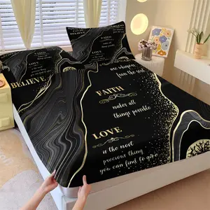 Black Gold Fluid Marble Motivational Fitted Sheet Set & 2 Coreless Pillowcases-Black Grey Fluid Marble Pattern with Gilded Lines & Gold Foil Glitter Flakes-Luxury Bedroom Decor-Non-Slip Mattress Protector