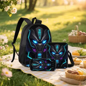 Neon blue and purple mecha 3-piece backpack set, future robot design, includes backpack, lunch bag, and pencil case, durable polyester construction, ergonomically padded back, multiple storage pockets, casual tech-style everyday set