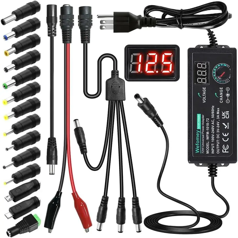 Adjustable AC DC Power Adapter (DC 3-24V, 3A, 72W) with Voltage Adjust, 14 Tips, Polarity Converter, Test Leads, 4-Way Power Splitter, LED Lights, LCD Display for Hobbyists