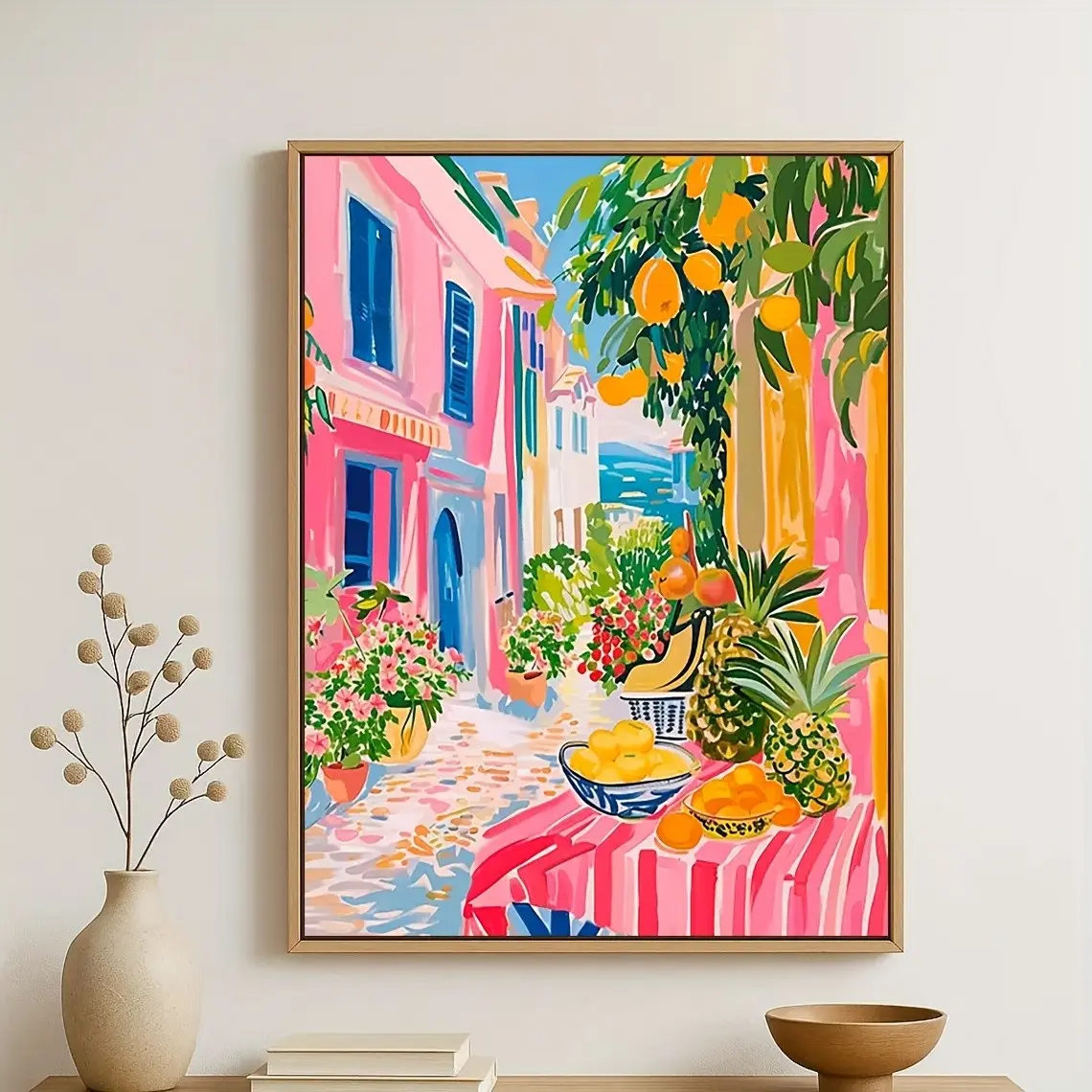 1pc Colorful Mediterranean Town Fruit Street Poster, Unframed Bright Summer Seaside Village Landscape Wall Print, Tropical Fruit & Pastel Building Wall Art, Decor Picture for Living Room, Bedroom, Home Wall Decor, No Frame
