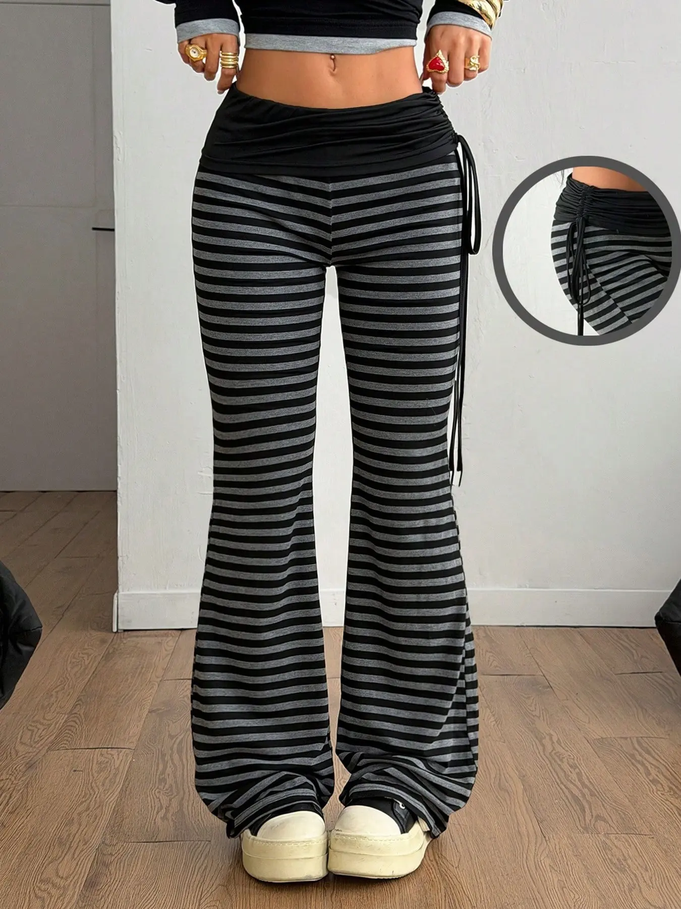 Women's Striped Flare Pants High Waist Ruched Drawstring Detail Wide Flared Leg Silhouette Slim Fit Trendy Y2K Style Perfect for Daily Wear Street Style Looks