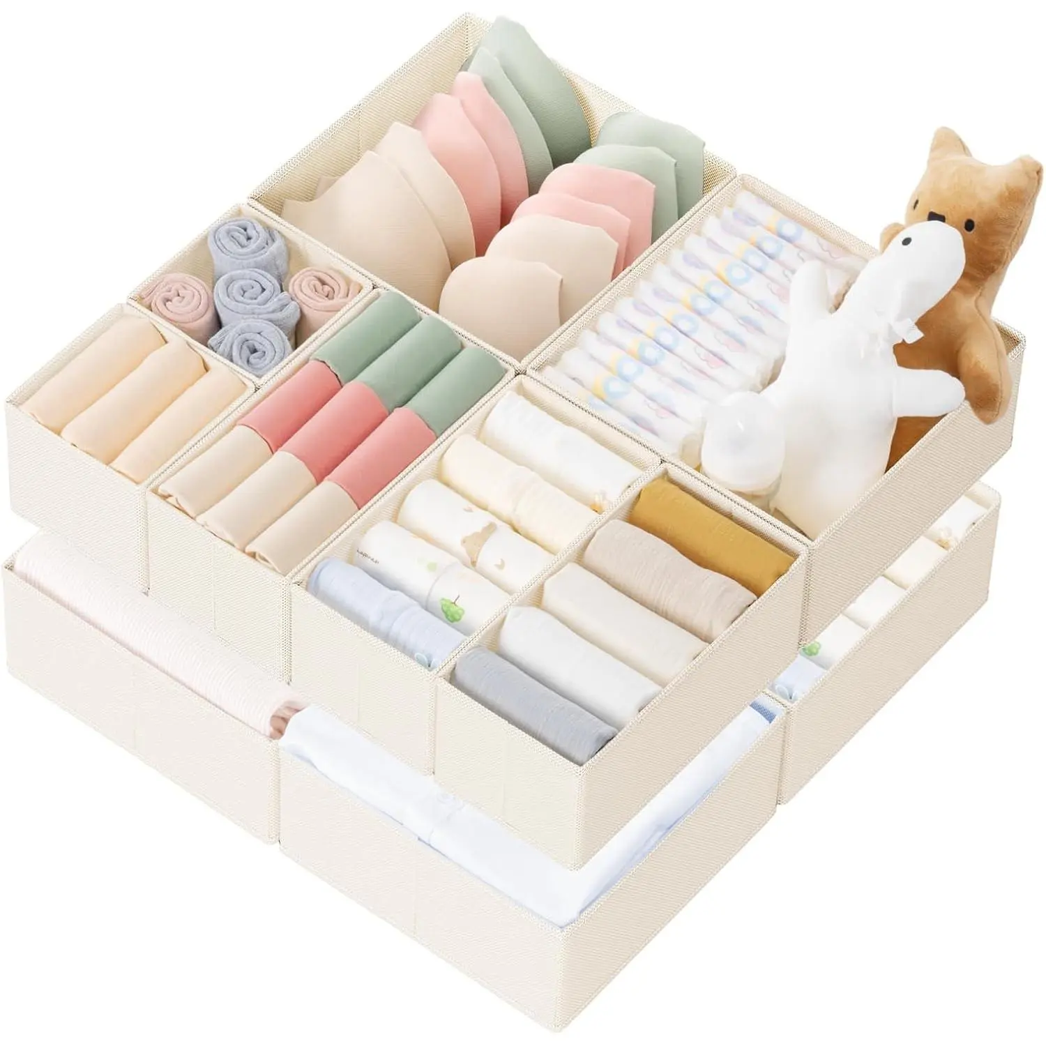 10-Pack Beige Foldable Drawer Organizer Boxes for Baby Clothes, Underwear, Socks - Home Storage Dividers for Nursery, Bedroom Closet Organization Insert Bins