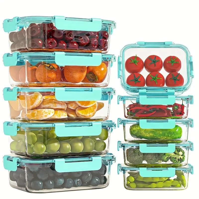 10 Piece Glass Organized Food Storage Containers with Lids Airtight Leakproof Meal Prep Containers for Kitchen Pantry Lunch Bento Boxes Microwave Oven Freezer Dishwasher Safe