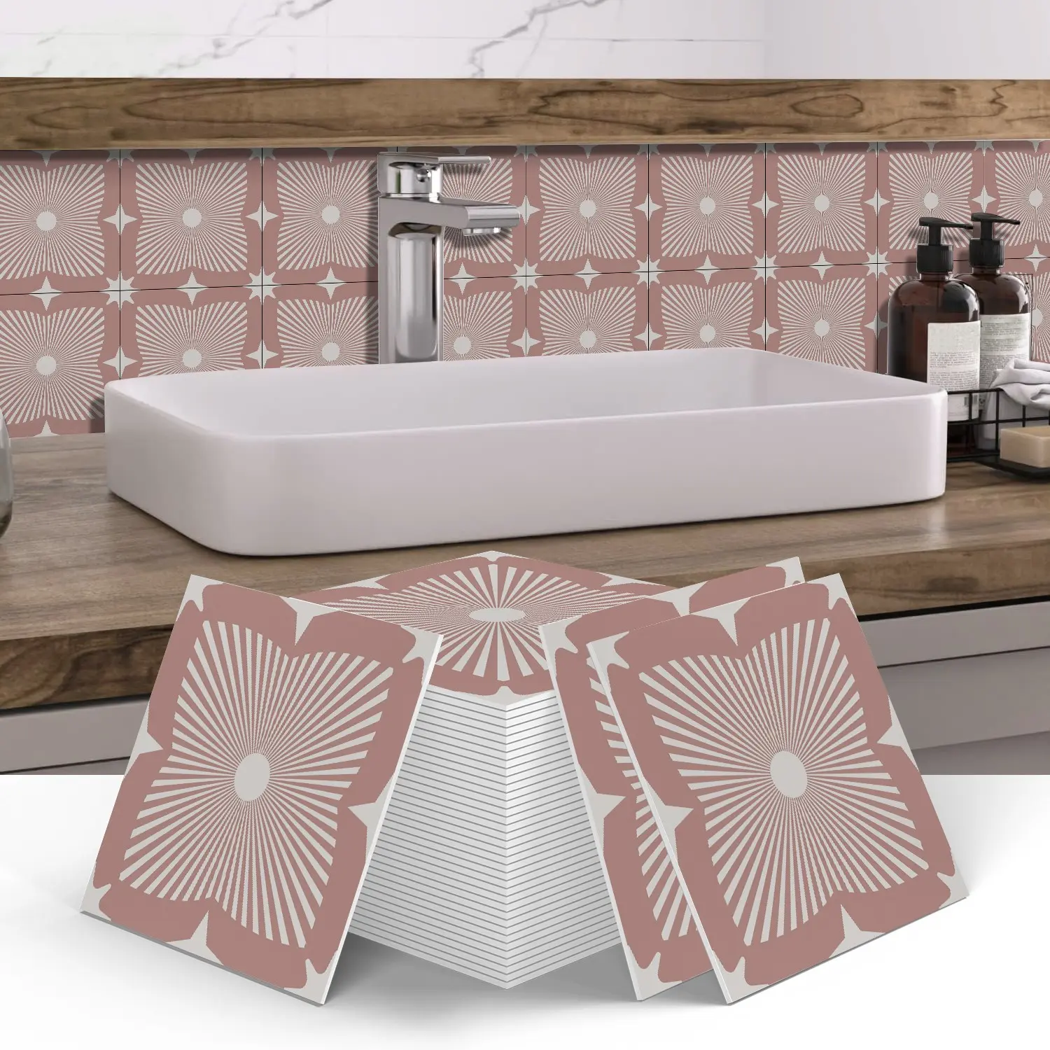 12PCS/24PCS Boxed ART PE Crystal Tile Stickers, Dusty Pink Base Off‑White Retro Radial Floral Square Self‑Adhesive Tile Decals, Peel and Stick Backsplash, Waterproof Oil‑Proof for Kitchen Bathroom Floor Tile Wood Home Decor