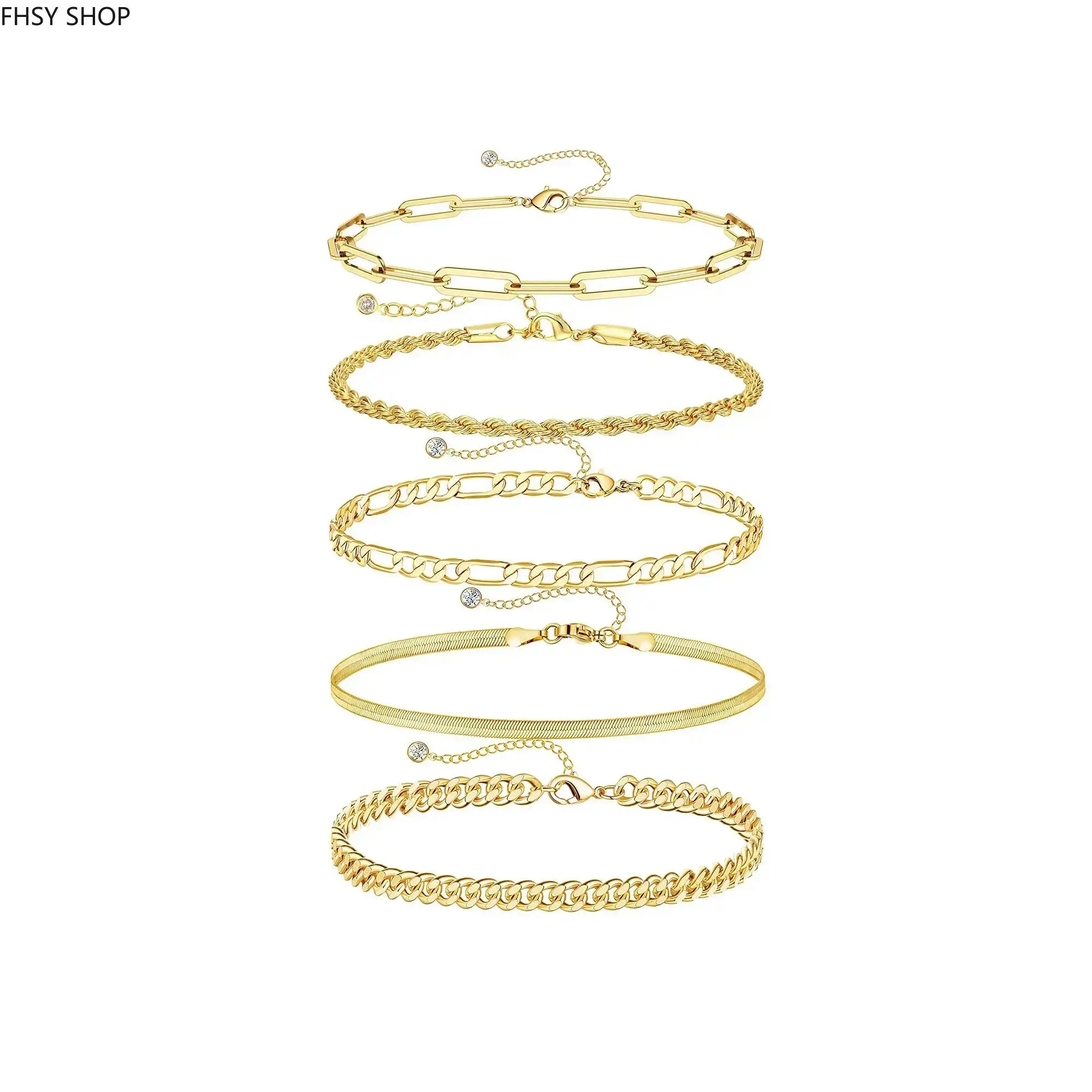 14K Gold Copper Bracelets for Women, Thin Dainty Stackable Chain Set, Waterproof Fashion Accessory Gift Pack for Mom, Wife & Girlfriend on Mother's Day