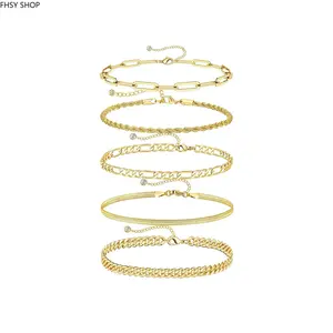 14K Gold Copper Bracelets for Women, Thin Dainty Stackable Chain Set, Waterproof Fashion Accessory Gift Pack for Mom, Wife & Girlfriend on Mother's Day
