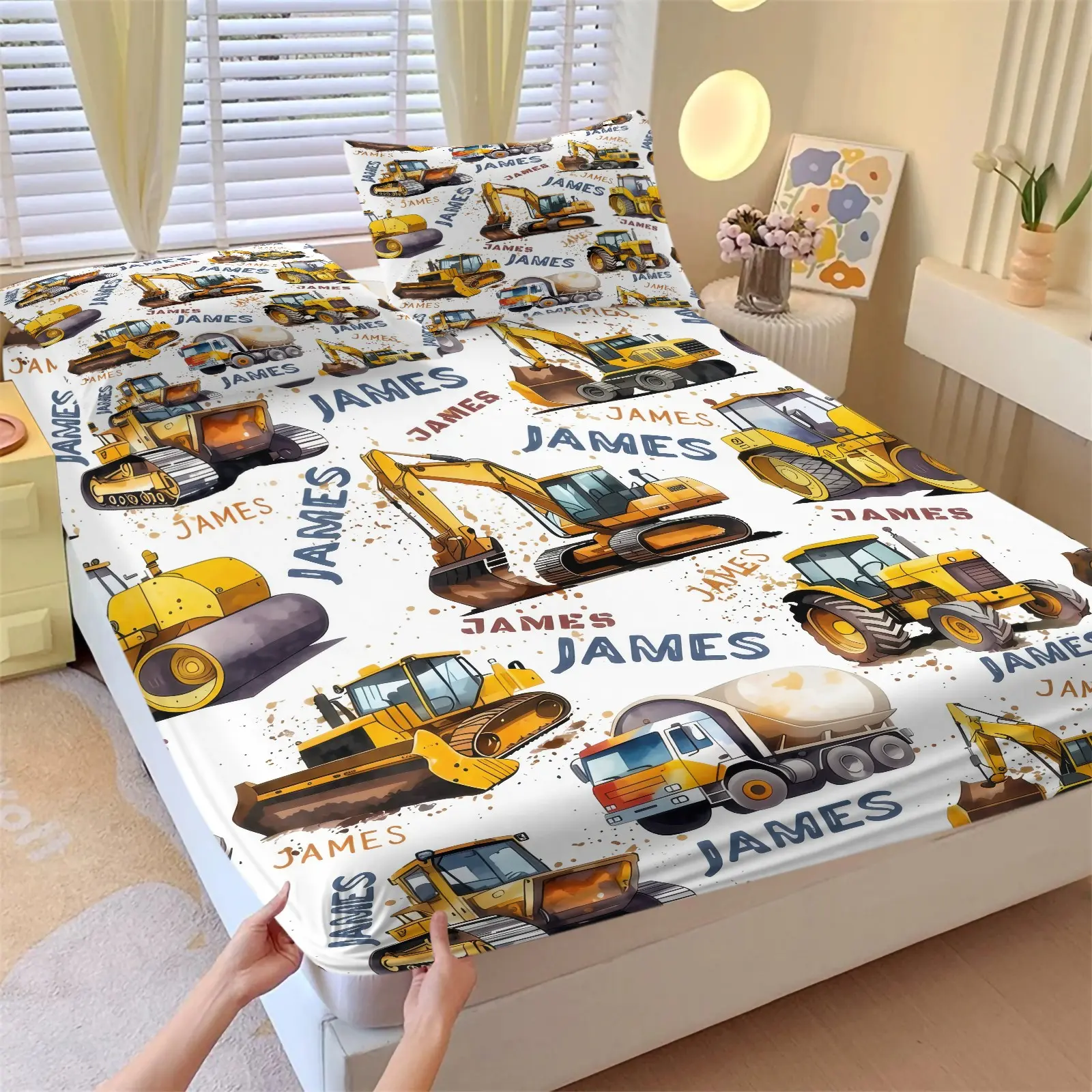 Bright Fun Construction Vehicle Fitted Sheet Set-1 Bed Sheet & 2 Pillowcases-Excavator, Cement Mixer, Road Roller-Comfortable Deep Pocket Non-Slip Mattress Protector-Boys' Bedroom/Kindergarten Nap Room Decor