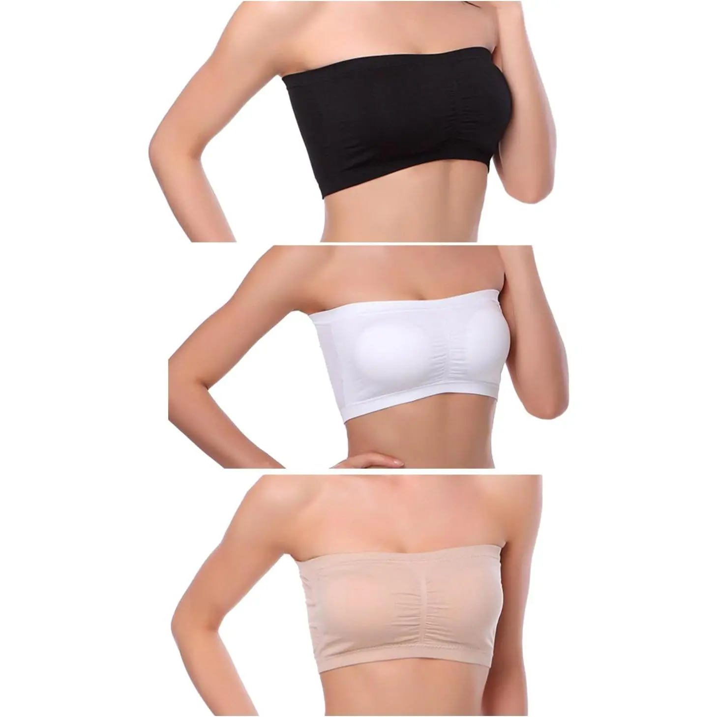 Women's Strapless Seamless Bandeau Crop Tube Tops - 3-4 Packs Padded Bralettes, Basic, Minimalist, Assorted, Casual Daily Wear