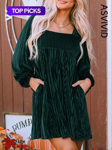 women's plain bishop sleeve tie back square neck dress, elegant long sleeve a line short dress for party holiday wedding guest, ladies clothes for winter