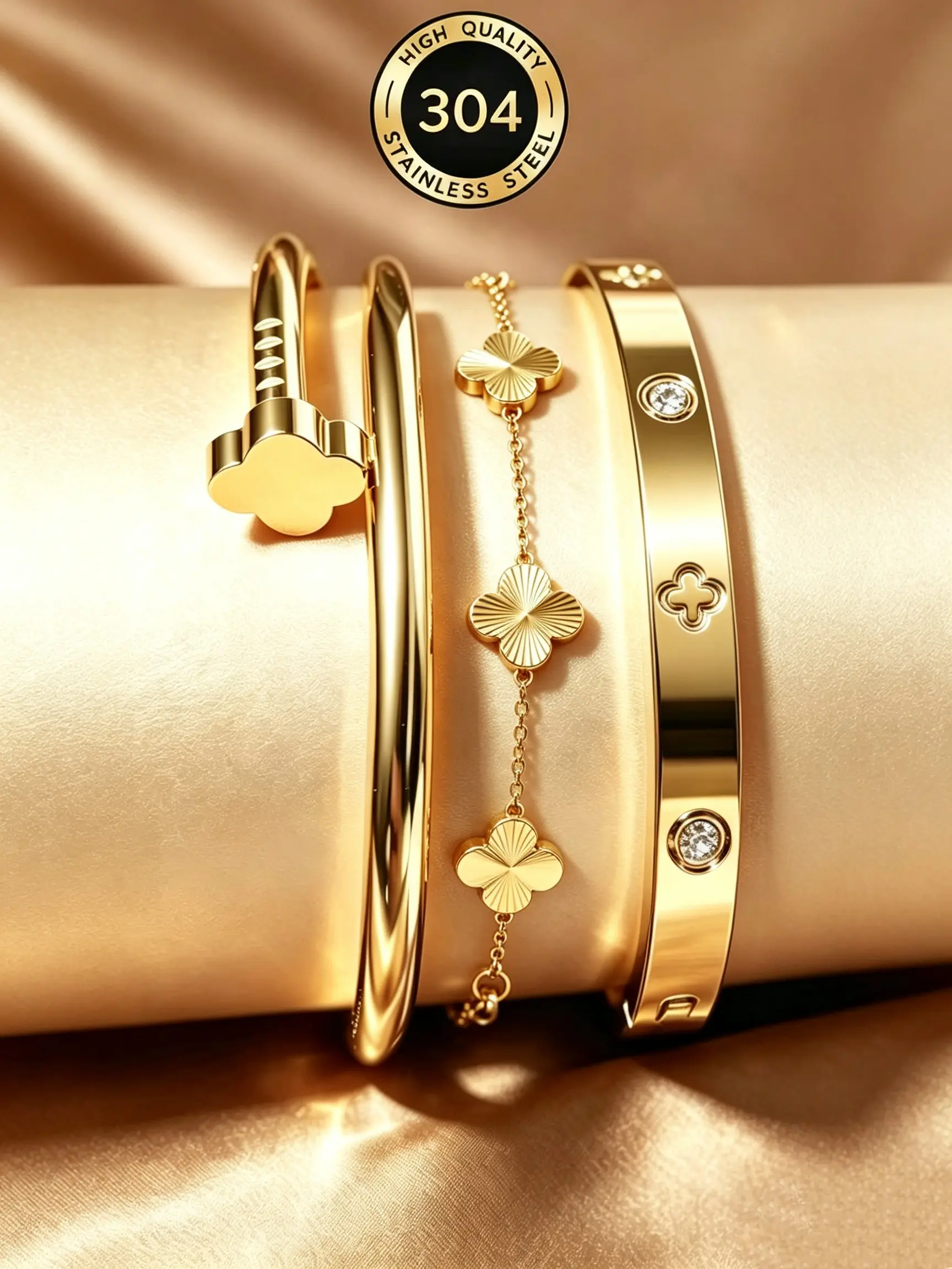 3 pcs European And American Luxury Stainless Steel Bracelet And Four-Leaf Clover Bracelet Set, 18K Gold Plated Rhinestone Studded Screw Design Bangle, High-End Accessory For Women, Party Gift, High Quality Bracelet