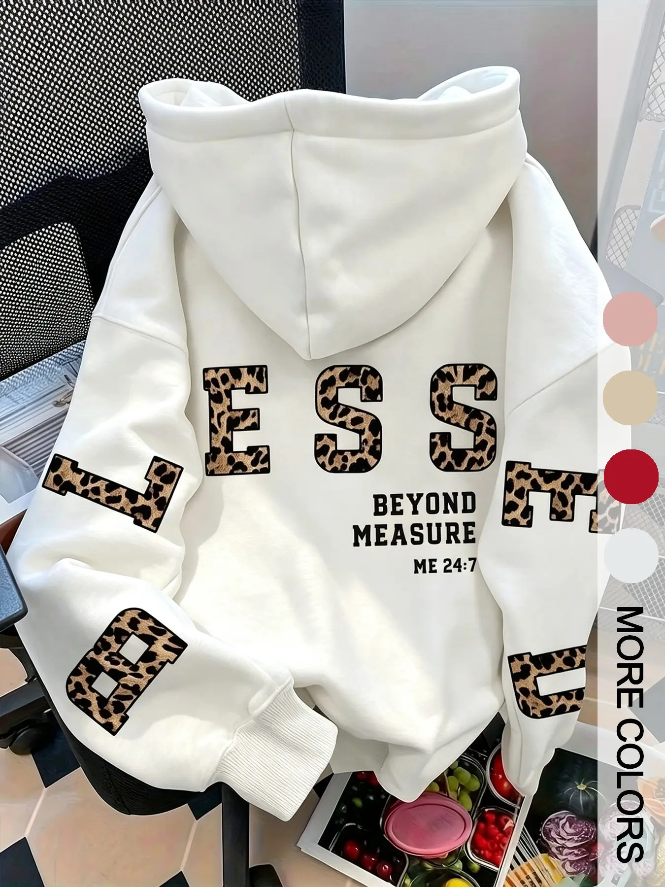 Women's Leopard Print Letter Print Hoodie, Back Less English Pattern, Loose Drop Shoulder Casual Long Sleeve Sweatshirt, Fall & Winter