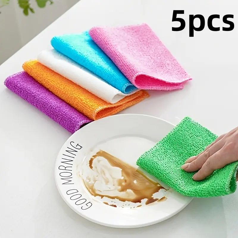 5pcs Random Color Bamboo Fiber Oil Absorbent Dishcloth, Kitchen Double Layer Thickened Cleaning Rag, Reusable Pure Color Sponge