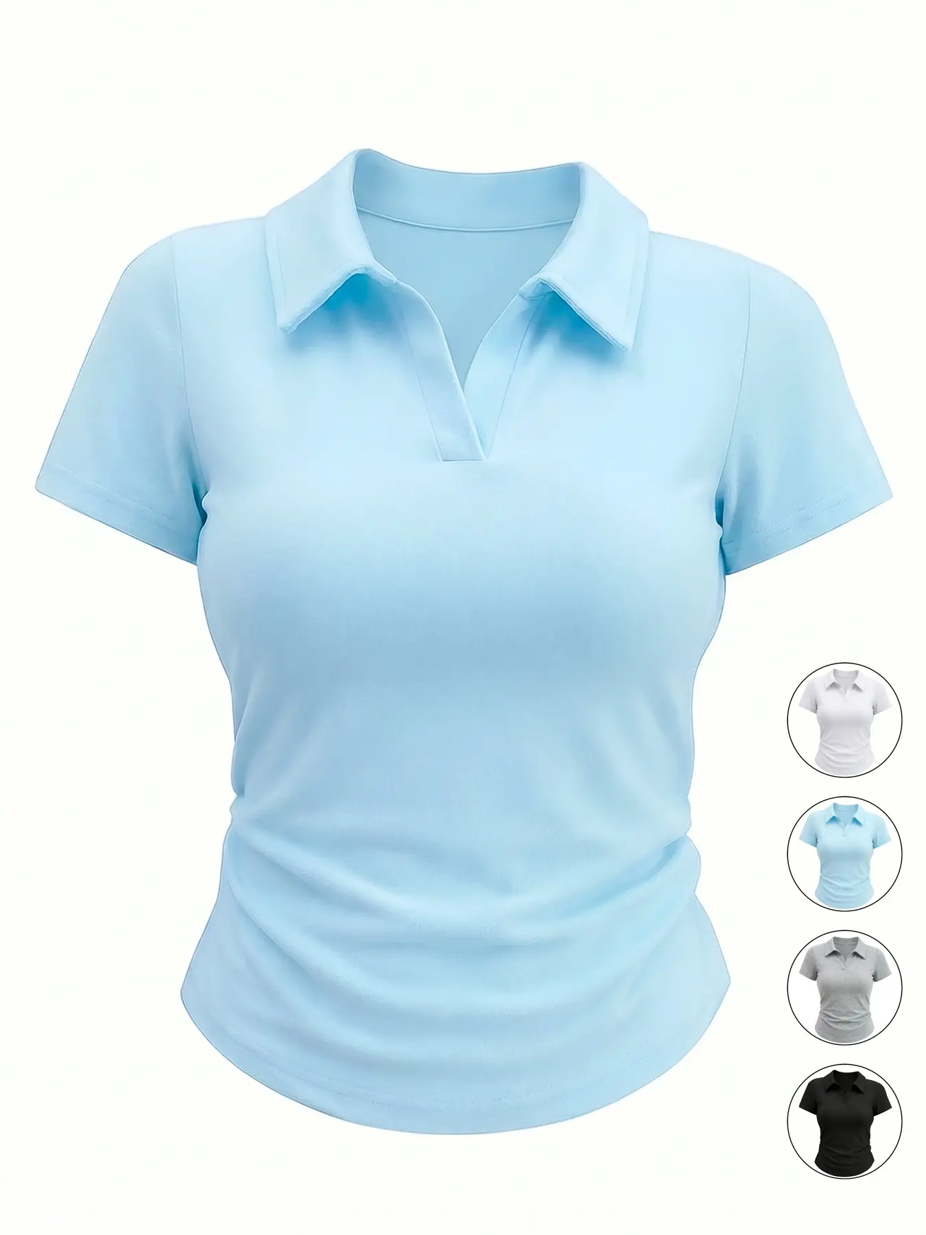 Women's Casual Everyday Basic Versatile Solid Color Polo Collar Knitted Polo Shirt Pleated Slim Fit Stretch Short Sleeve T-Shirt, Comfortable and Stylish Daily Wear Top