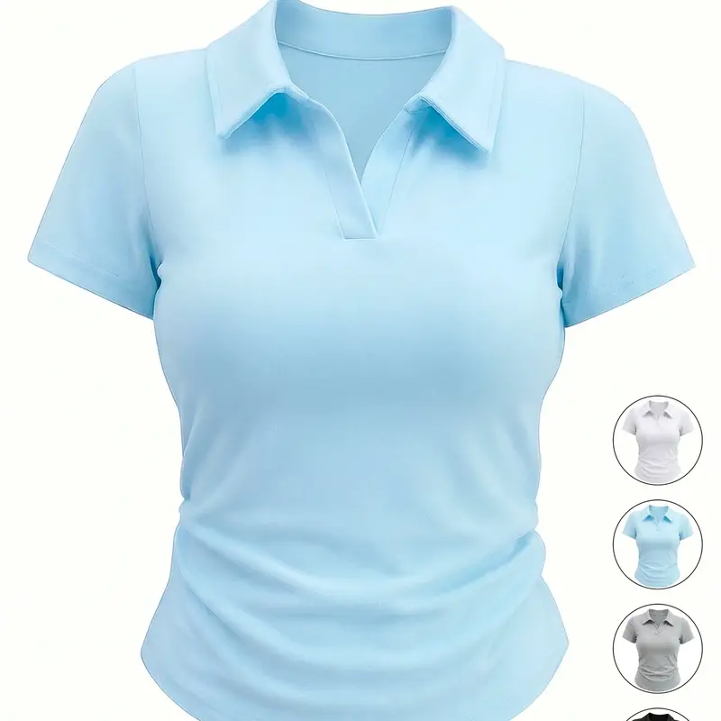 Women's Casual Comfy Collared Everyday Basic Versatile Solid Color Polo Collar Knitted Polo Shirt Pleated Slim Fit Stretch Short Sleeve T-Shirt, Comfortable and Stylish Daily Wear Top