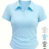 Women's Casual Comfy Collared Everyday Basic Versatile Solid Color Polo Collar Knitted Polo Shirt Pleated Slim Fit Stretch Short Sleeve T-Shirt, Comfortable and Stylish Daily Wear Top