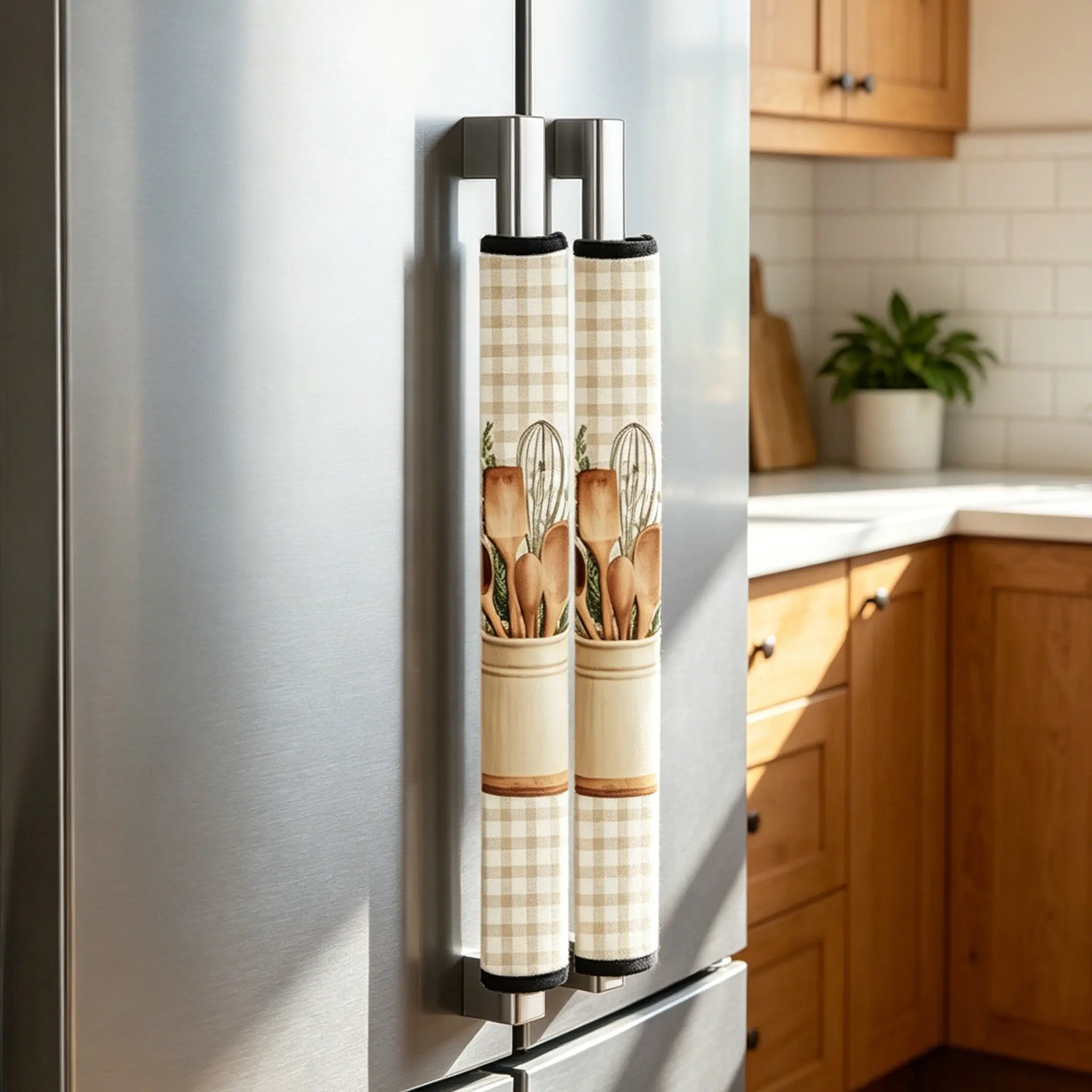 2-Piece Microwave & Refrigerator Handle Covers Set, Polyester Cover, Plaid Stripes & Utensil Patterns, Kitchen Appliance Handles Decor, Dust Cover, Dustproof Design