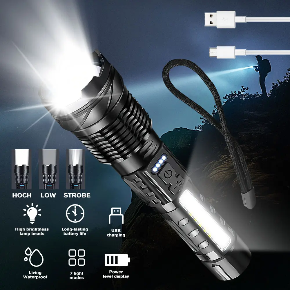 Rechargeable LED Flashlight High Lumens, Super Bright Multifunctional Flashlight with 7 Lighting Modes and COB Side Work Light for Camping