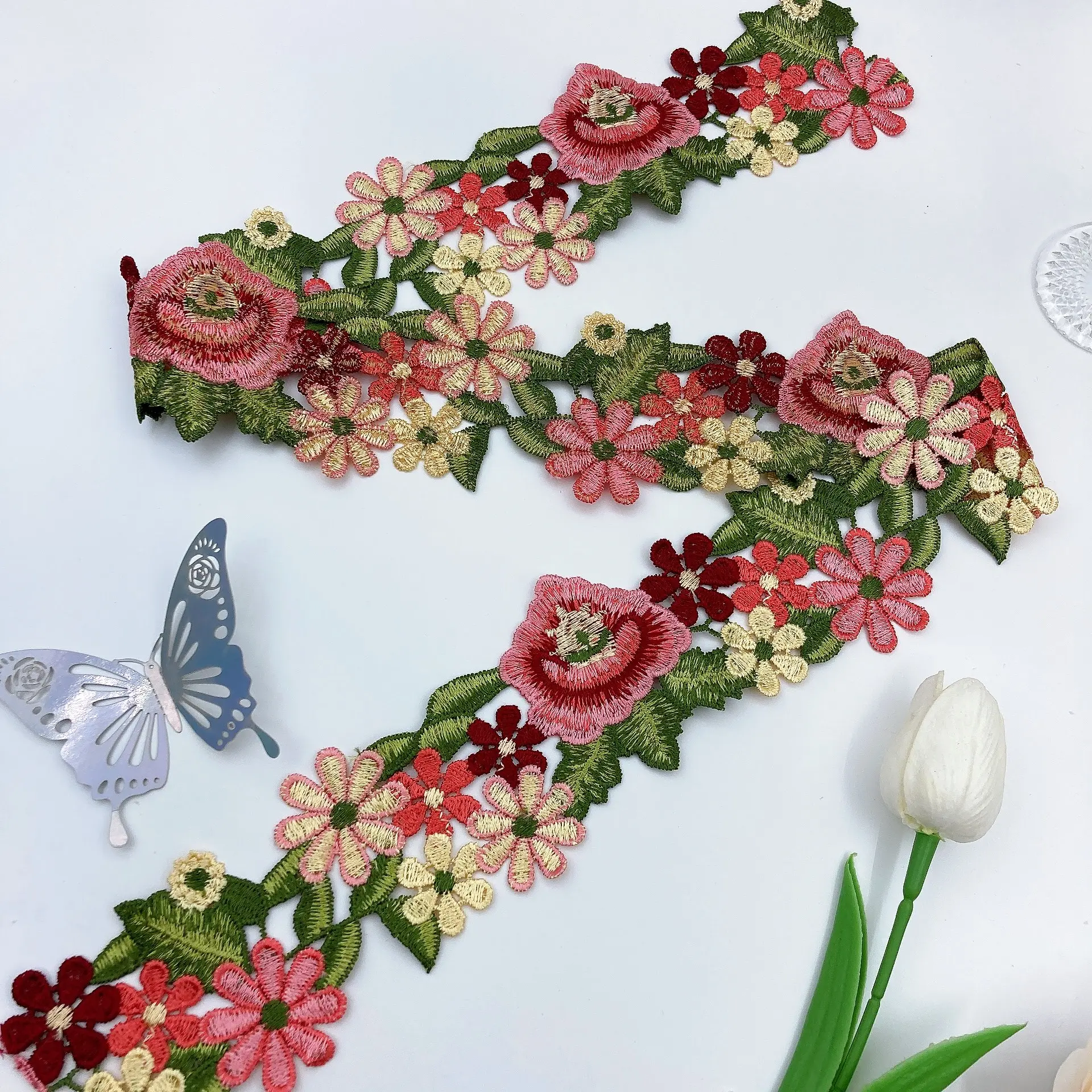 1y Mixed Color Ethnic Embroidered Lace Trim, DIY Handmade Embroidery Ribbon, Sold by Yard, Fabric, Applique, Lace Material
