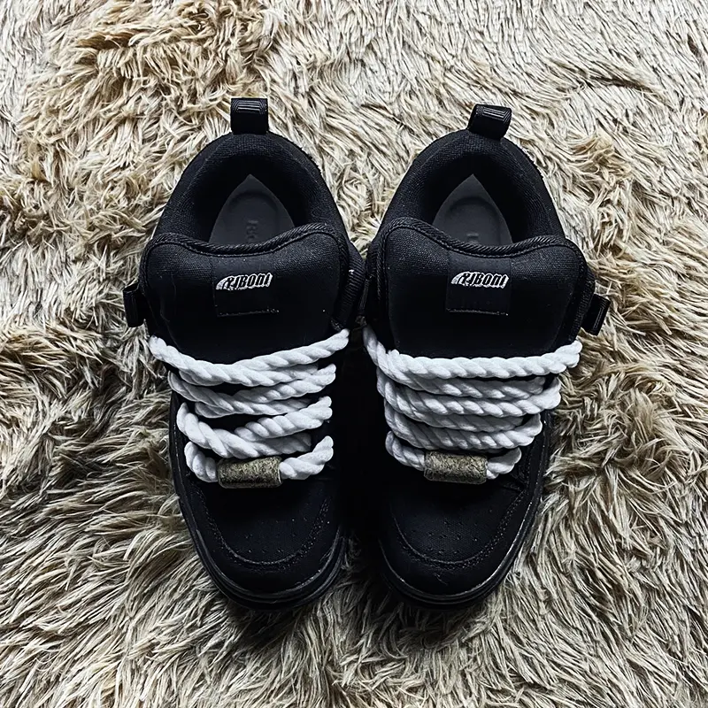 Men Women Contrast White Rope Lace Black Platform Skate Shoes, Trendy Oversized Twisted Laces Low Top Street Board Sneakers with Wood Lock