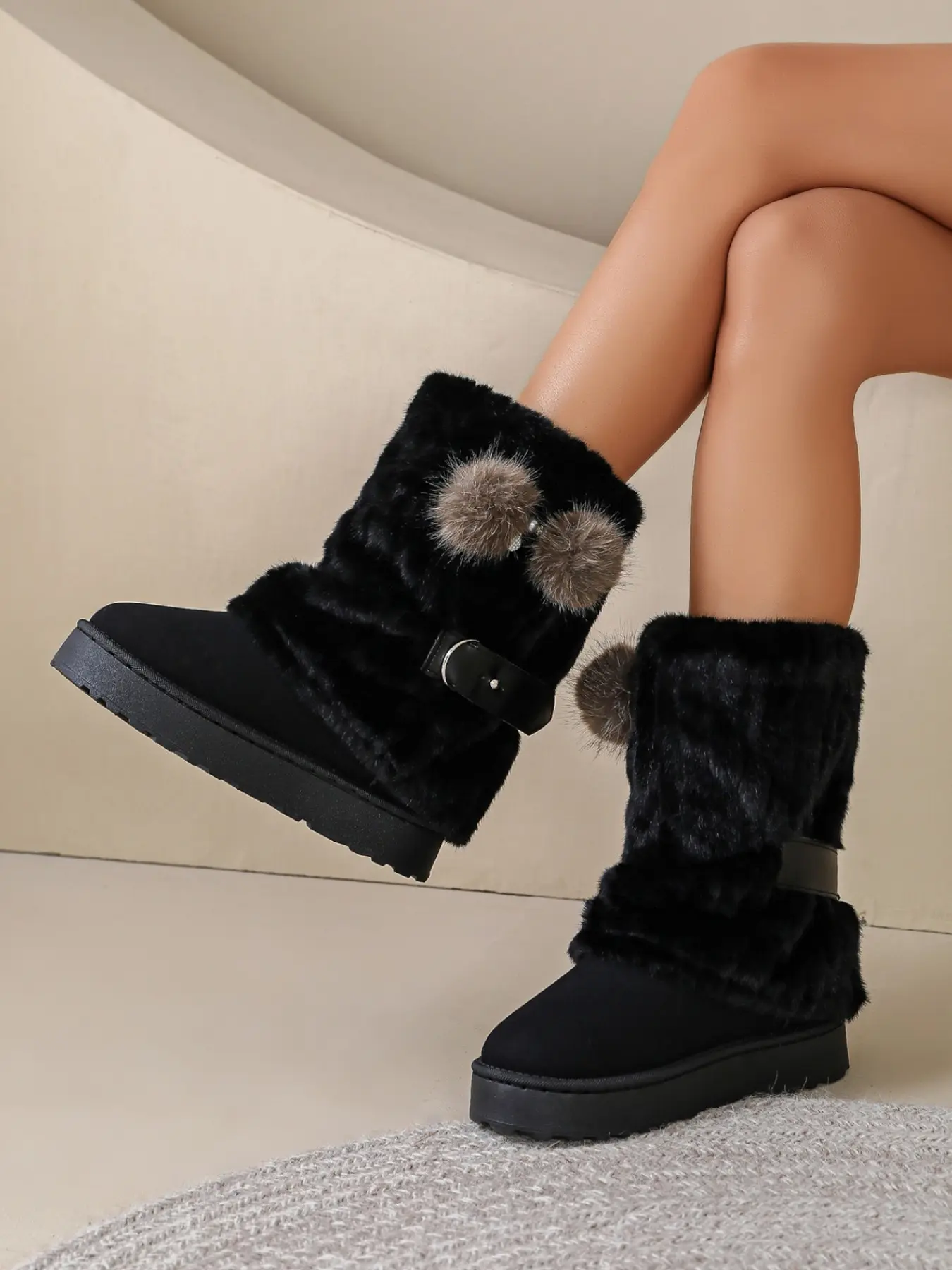 Cute Fuzzy Mid-Calf Snow Boots, Thick Plush Lining for Warmth, Soft Sole Design for Height Boost, Comfortable Winter Shoes, Versatile Daily Wear