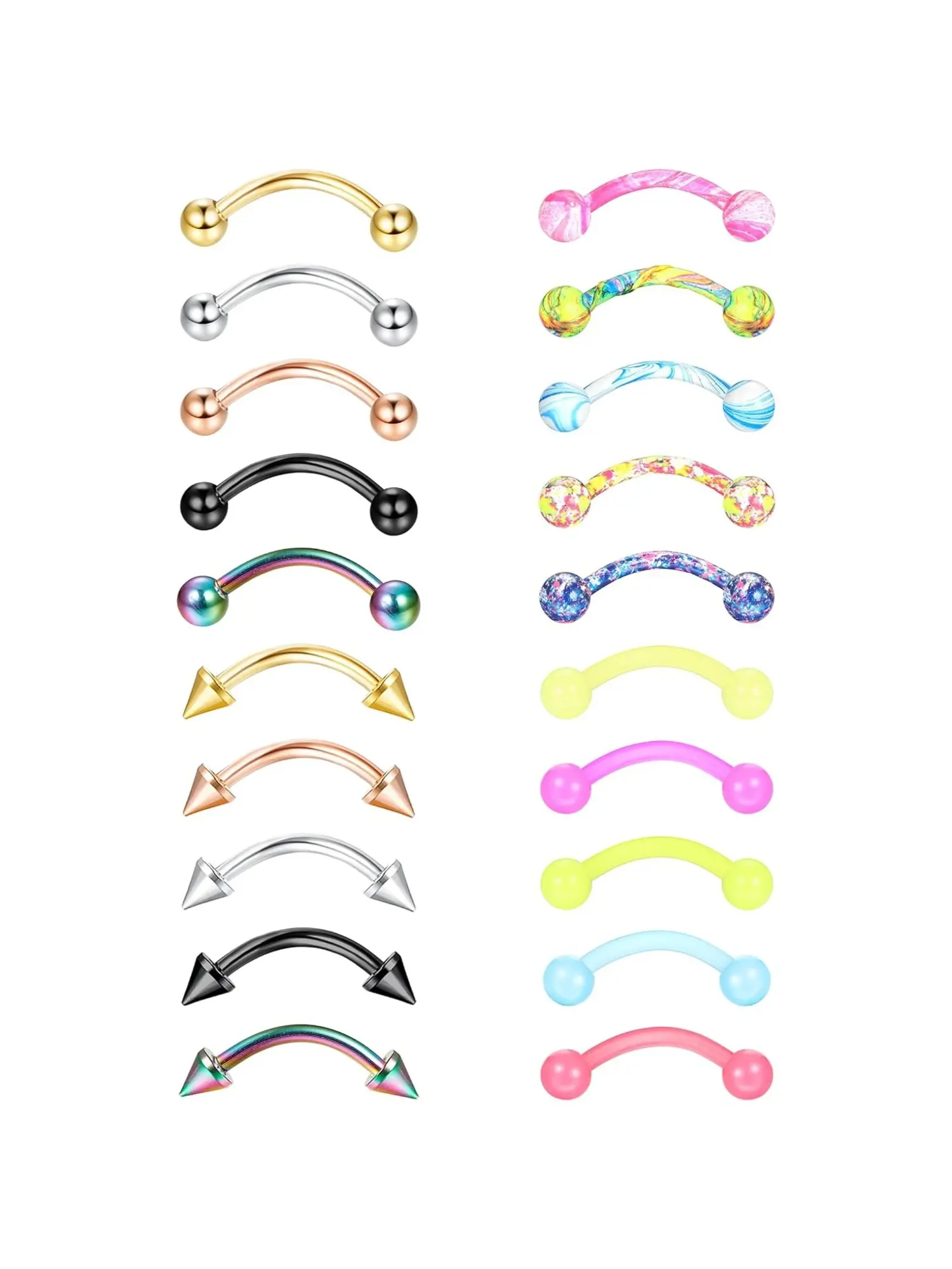 20 Pcs Curved Barbell Set, Stainless Steel & Acrylic Eyebrow Piercing Jewelry, Neon UV Glow Marbled Body Rings For Cartilage Lip, Lip Piercings