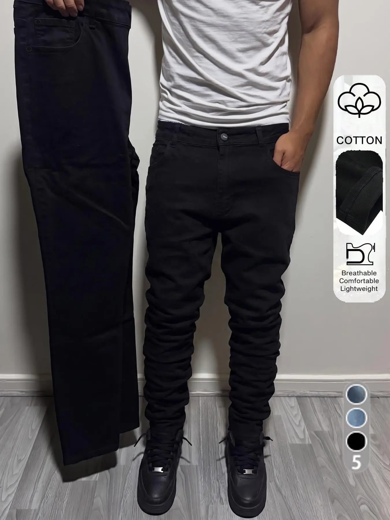 Men's All-Season Stretch Slim Straight-Leg Jeans, Solid Color Clean-Fit Casual Denim Pants, Streetwear