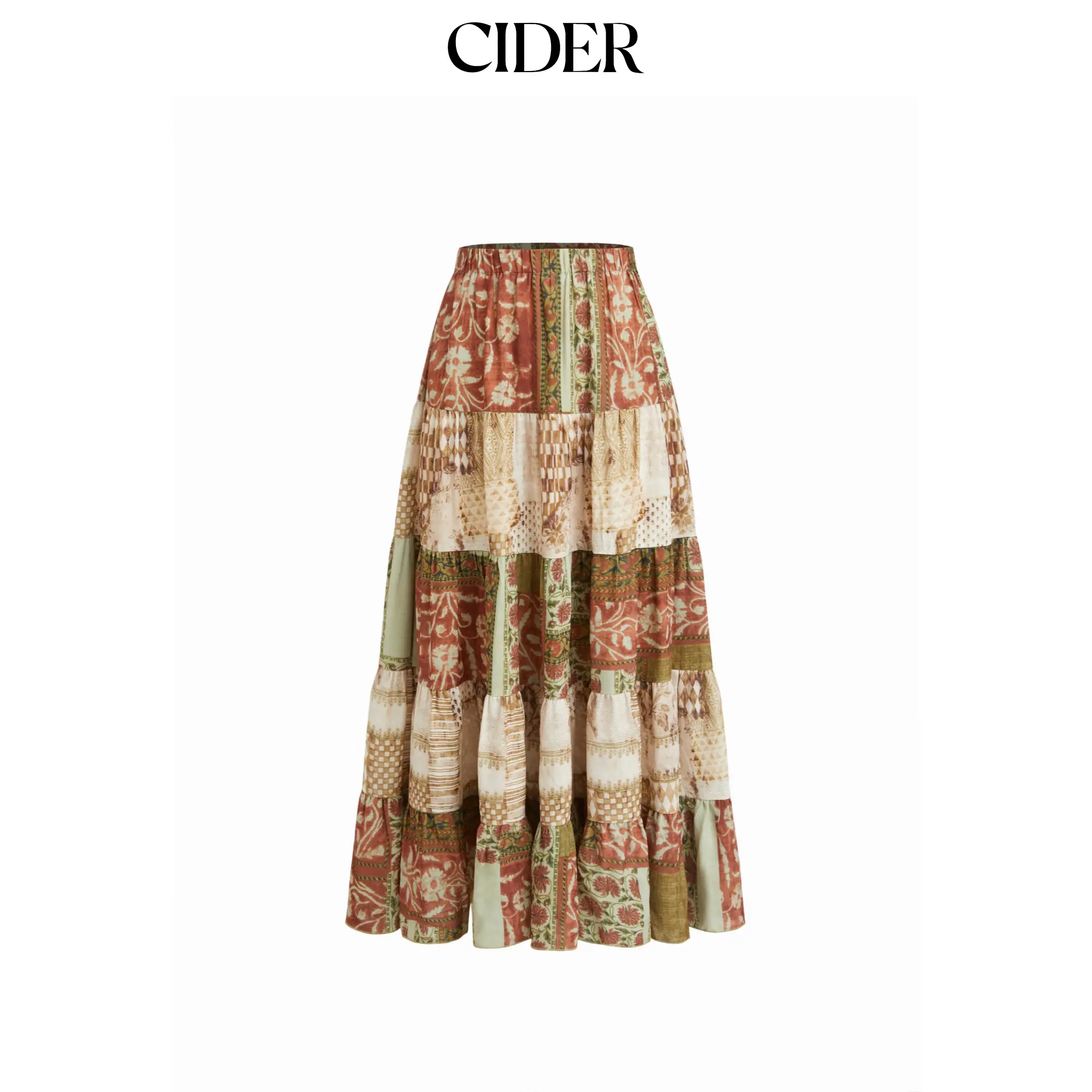 Cider Mid Rise Aztec Two Tone Tiered Ruffle Maxi Skirt