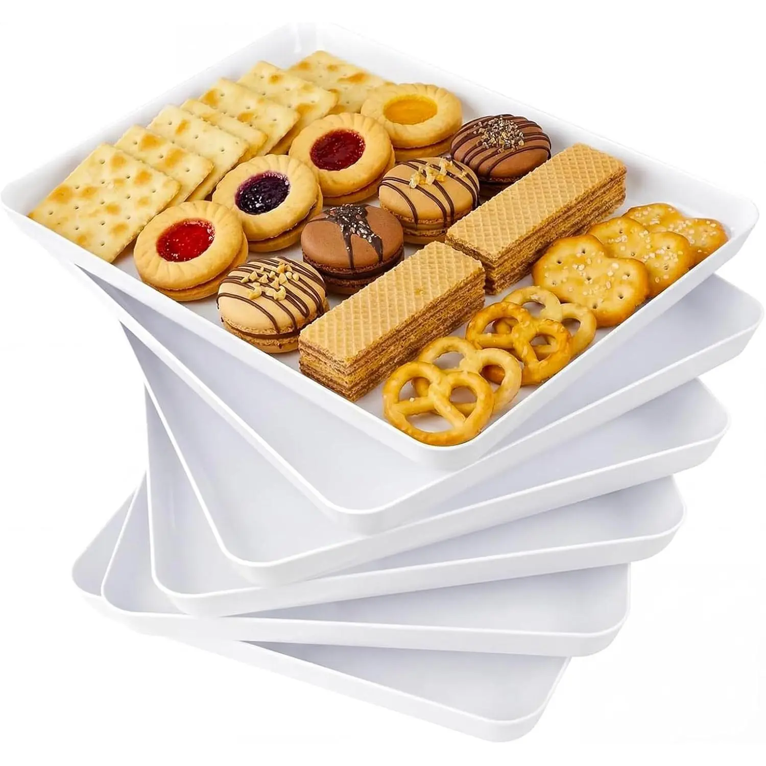 YOUBET 6 PCS Plastic Serving Trays - White Trays for Serving Food - Super Strong Disposable Platters, Heavy Duty Plastic Trays for BBQ, Picnic, Party, Wedding