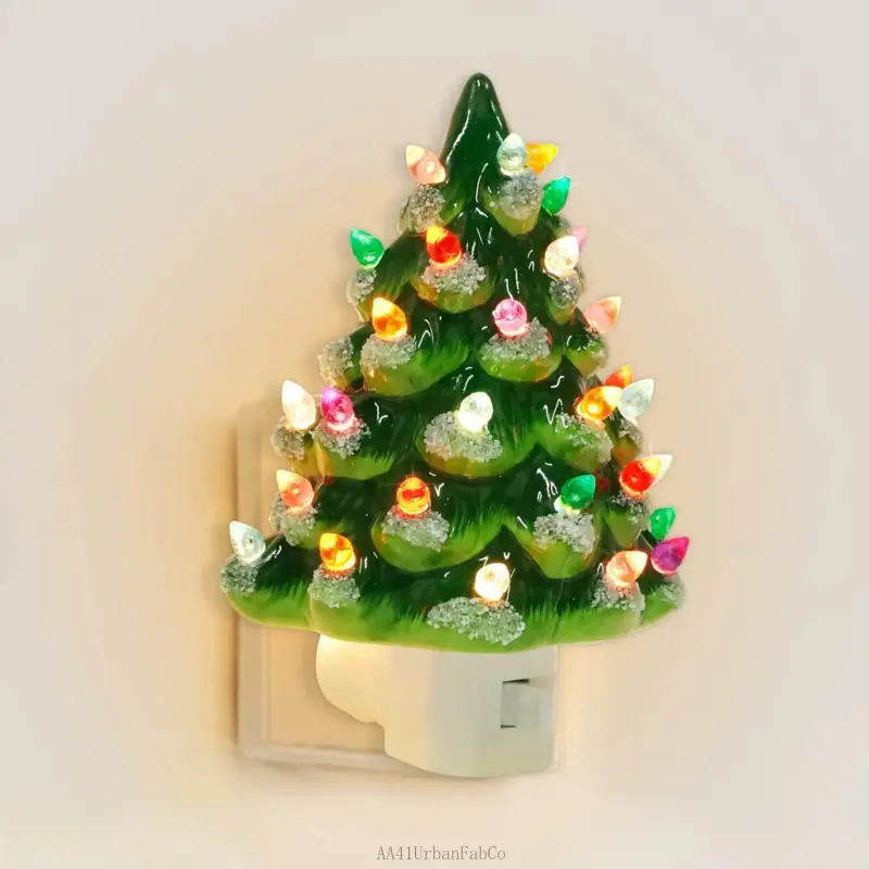 Ceramic Christmas Tree Night Light - 6-in Compact Small Decor with Multicolored Bulbs, 360° Swivel Plug, On/Off Switch for Bedroom/Bath Home Decor AA41UrbanFabCo